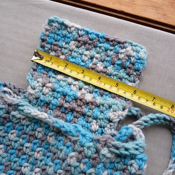 Icelandic Crochet Drawstring Mini Backpack Purse Bag blue grey handmade unlined - Picture 11 of 12